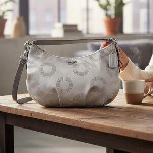 Coach Madison Two Tone Silver Sateen Dotted Opti-Art Hobo Convertible Shoulder